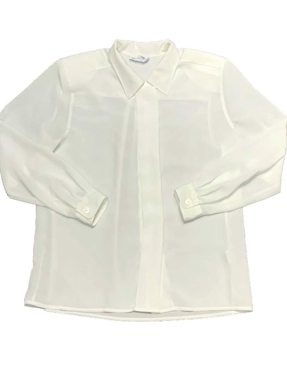 Vintage 80s Principles White Blouse Sz 14 Embroidered Collar Button Down Shirt
